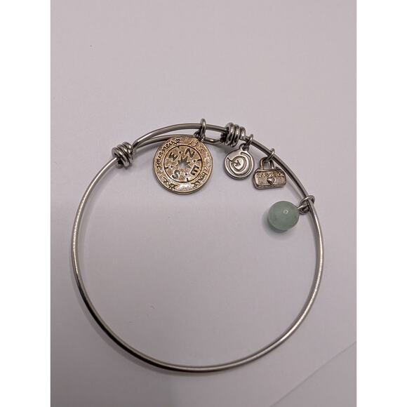 Alex and Ani Expandable Compass Charm Bangle Bracelet Silver Green Bead - Picture 1 of 2